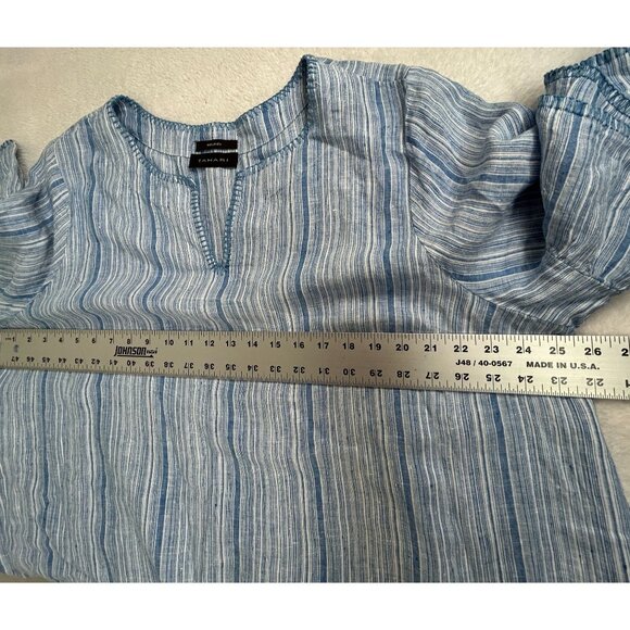 Tahari Womens Blue & White Striped 100% Linen V-Neck Bell Sleeve Blouse Top - Picture 5 of 6
